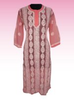 Buy Chikan Kurti Online - Georgette Long Length Lucknowi Chikankari Pink Kurti