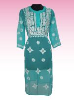chikan dress online - Georgette Long Lenght Kurti With Fine Chikankari Hand Embroidery With Free Matching inner (Turquoise)