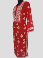 Georgette Long Lenght Kurti With Fine Chikankari Hand Embroidery With Free Matching inner (Red)