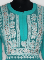Georgette Long Lenght Kurti With Fine Chikankari Hand Embroidery With Free Matching inner (Turquoise)