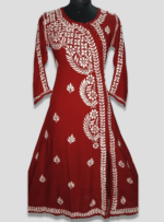 Rayon Long Lenght Aline Style Angrkha Pattern Kurti With Fine Chikankari Hand Embroidery. Embellished With Matching Pearl buttons.