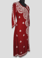 Rayon Long Lenght Aline Style Angrkha Pattern Kurti With Fine Chikankari Hand Embroidery. Embellished With Matching Pearl buttons.