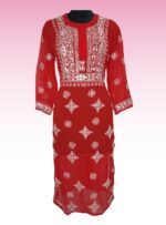 Red Georgette Long Lenght Kurti With Fine Chikankari Hand Embroidery
