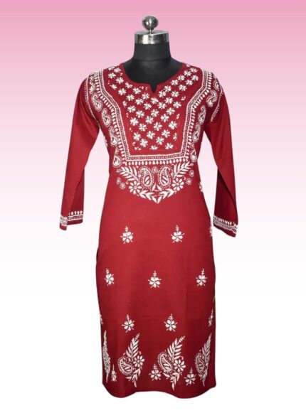 Pure cotton long length maroon color kurti with chikankari white colour hand embroidery all over and back boota