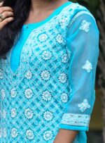 Georgette long length kurti blue colour chikankari hand embroidery Chiken Kurti Design