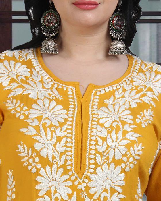Beautiful Lucknowi Chikan Embroidered Straight Cotton Kurta/Kurti Set For  Womens | eBay