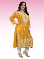 Lakhnavi Chikankari kurti Modal Long Length Hand Embroidered yellow kurti