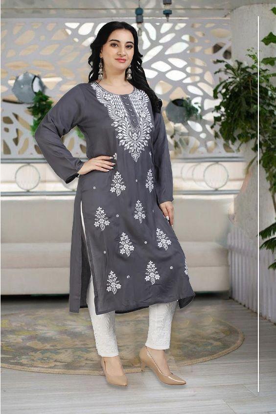 Buy Jaipur Kurti Women's Grey cotton dobby straight embroidered kurta for  Women Online @ Tata CLiQ