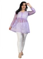 Georgette lavender color lakhnawi chikankari frock style short tunic kurti