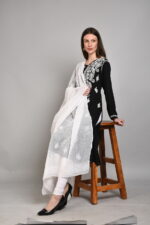 Fine pure Kota cotton white dyeable dupatta with fine Lakhnawi tepchi work hand embroidery
