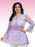 Georgette lavender color lakhnawi chikankari frock style short tunic kurti