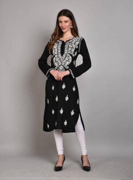 Rayon black long length kurti kurta with fine contrast white colour Lakhnawi chikankari hand embroidery