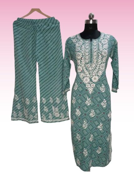 Long Kurti Palazzo set for Women Lakhnawi Chikankari Hand Embroidery Suit set