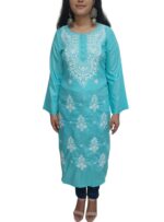 Designer Rayon Long Kurti for women with fine computer Embroidery, Blue color