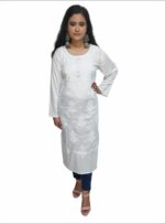 Designer Rayon Long Kurti for women with fine computer Embroidery, ladies white kurta