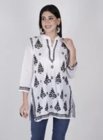 White Mulmul Cotton Short Chikankari Kurti for women Hand Embroidered