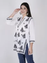White Mulmul Cotton Short Chikankari Kurti for women Hand Embroidered