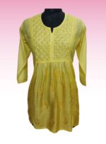 yellow Original Pure Chanderi Short Chikan kurti for women