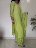 3 piece kurti set for women Pre-Dyed Chikankari Pure Chanderi parrot green kurta