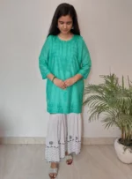Pre-Dyed Pure Chanderi Chikankari short kurtas for Ladies Green