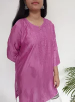 Pre-Dyed Pure Chanderi Chikankari short kurtas for Ladies Magenta