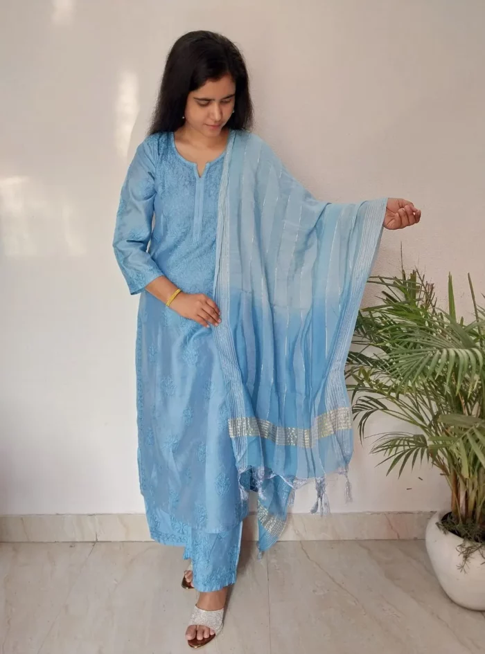 3 piece kurti set for women Pre-Dyed Chikankari Pure Chanderi blue kurta